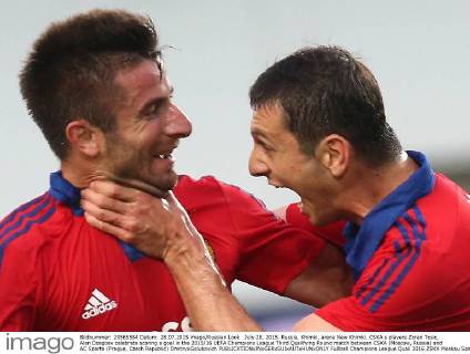 July 28, 2015. Russia, Khimki, arena New Khimki. CSKA s players Zoran Tosic, Alan Dzagoev celebrate scoring a goal in the 2015 16 UEFA Champions League Third Qualifying Round match between CSKA (Moscow, Russia) and AC Sparta (Prague, Czech Republic) DmitryxGolubovich 