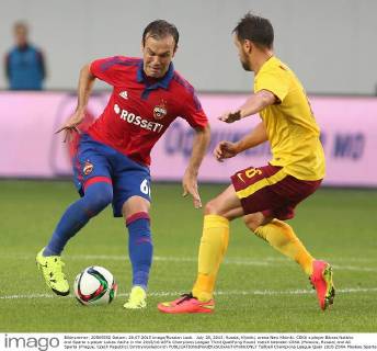 July 28, 2015. Russia, Khimki, arena New Khimki. CSKA s player Bibras Natkho and Sparta s player Lukas Vacha in the 2015 16 UEFA Champions League Third Qualifying Round match between CSKA (Moscow, Russia) and AC Sparta (Prague, Czech Republic) DmitryxGolubovich 