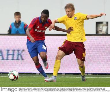 July 28, 2015. Russia, Khimki, arena New Khimki. CSKA s player Ahmed Musa and Sparta s player Martin Frydek in the 2015 16 UEFA Champions League Third Qualifying Round match between CSKA (Moscow, Russia) and AC Sparta (Prague, Czech Republic) DmitryxGolubovich 