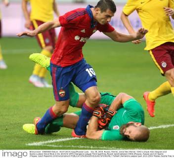 July 28, 2015. Russia, Khimki, arena New Khimki. CSKA s player Alan Dzagoev and Sparta s player David Bicik in the 2015 16 UEFA Champions League Third Qualifying Round match between CSKA (Moscow, Russia) and AC Sparta (Prague, Czech Republic) DmitryxGolubovich 