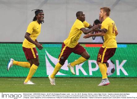 July 28, 2015. Russia, Khimki, arena New Khimki. Sparta s players Kehinde Fatai celebrate scoring a goal in the 2015 16 UEFA Champions League Third Qualifying Round match between CSKA (Moscow, Russia) and AC Sparta (Prague, Czech Republic) DmitryxGolubovich 