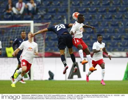 SOCCER - CL quali, RBS vs Malmoe SALZBURG,AUSTRIA,29.JUL.15 - SOCCER - UEFA Champions League, qualification, Red Bull Salzburg vs Malmoe FF. Image shows Nikola Djurdjic (Malmoe) and Naby Keita (RBS). GEPAxpictures xFelixxRoittner