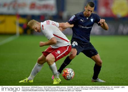 SOCCER - CL quali, RBS vs Malmoe SALZBURG,AUSTRIA,29.JUL.15 - SOCCER - UEFA Champions League, qualification, Red Bull Salzburg vs Malmoe FF. Image shows Martin Hinteregger (RBS) and Nikola Djurdjic (Malmoe). GEPAxpictures xFlorianxErtl