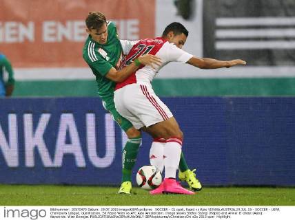 SOCCER - CL quali, Rapid vs Ajax VIENNA,AUSTRIA,29.JUL.15 - SOCCER - UEFA Champions League, qualification, SK Rapid Wien vs AFC Ajax Amsterdam. Image shows Stefan Stangl (Rapid) and Anwar El Ghazi (Ajax). Keywords: Wien Energie. GEPAxpictures xChristianxOrt