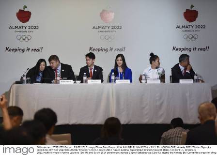 KUALA LUMPUR, MALAYSIA - JULY 29: (CHINA OUT) Almaty 2022 Winter Olympics candidate city vice-chairman Andrey Kryukov (2nd L), Sochi 2014 Figure skating Eiskunstlauf bronze medalist Denis Ten (3rd L), Innsbruck 2012 youth olympian Karina Uzurova (3rd R) and Sochi 2014 paralympic athlete Zhanyl Baltabayeva (2nd R) attend the Almaty Bid Committee press briefing prior to the 128th IOC Session on July 29, 2015 in Kuala Lumpur, Malaysia. CFP470917809