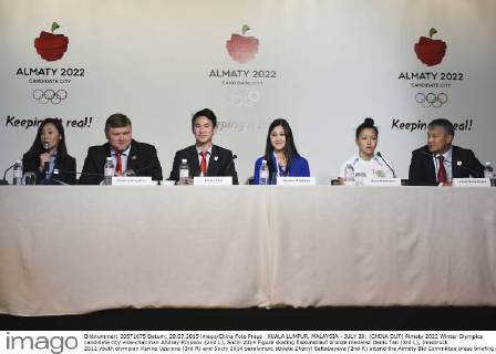 KUALA LUMPUR, MALAYSIA - JULY 29: (CHINA OUT) Almaty 2022 Winter Olympics candidate city vice-chairman Andrey Kryukov (2nd L), Sochi 2014 Figure skating Eiskunstlauf bronze medalist Denis Ten (3rd L), Innsbruck 2012 youth olympian Karina Uzurova (3rd R) and Sochi 2014 paralympic athlete Zhanyl Baltabayeva (2nd R) attend the Almaty Bid Committee press briefing prior to the 128th IOC Session on July 29, 2015 in Kuala Lumpur, Malaysia. CFP470917813