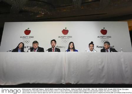 KUALA LUMPUR, MALAYSIA - JULY 29: (CHINA OUT) Almaty 2022 Winter Olympics candidate city vice-chairman Andrey Kryukov (2nd L), Sochi 2014 Figure skating Eiskunstlauf bronze medalist Denis Ten (3rd L), Innsbruck 2012 youth olympian Karina Uzurova (3rd R) and Sochi 2014 paralympic athlete Zhanyl Baltabayeva (2nd R) attend the Almaty Bid Committee press briefing prior to the 128th IOC Session on July 29, 2015 in Kuala Lumpur, Malaysia. CFP470917812