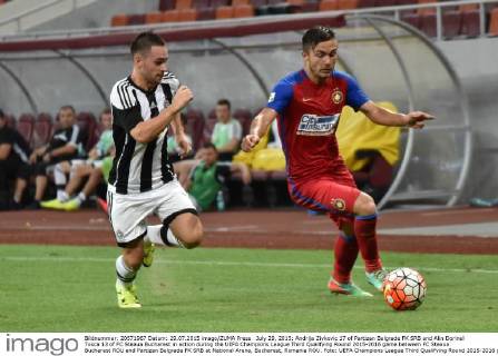 July 29, 2015: Andrija Zivkovic 17 of Partizan Belgrade FK SRB and Alin Dorinel Tosca 13 of FC Steaua Bucharest in action during the UEFA Champions League Third Qualifying Round 2015-2016 game between FC Steaua Bucharest ROU and Partizan Belgrade FK SRB at National Arena, Bucharest, Romania ROU. Foto: UEFA Champions League Third Qualifying Round 2015-2016 game between FC Steaua Bucharest ROU and Partizan Belgrade FK SRB July 2015 - ZUMAc04_