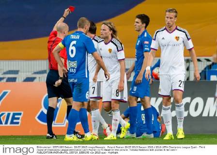 Poland Poznan 29.07.2015 Season 2015 2016 UEFA Champions League Quali - Third round of Champions League elimination Lech Poznan vs FC Basel On the picture: Tomasz Kedziora lech poznan 4 red card -  150729_1SB0295