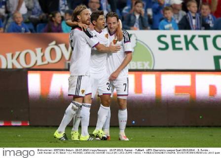 29.07.2015, Poznan - Fußball - UEFA Champions League Quali 2015 2016 - 3. Runde - Lech Poznan vs FC Basel - (L) MICHAEL LANG (S) DAVIDE CALLA (R) LUCA ZUFFI - GOAL -  20150729CSWK35053