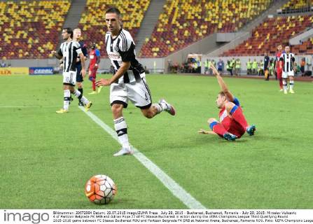 July 29, 2015 - Bucharest, Bucharest, Romania - July 29, 2015: Miroslav Vulicevic 4 of Partizan Belgrade FK SRB and Adrian Popa 77 of FC Steaua Bucharest in action during the UEFA Champions League Third Qualifying Round 2015-2016 game between FC Steaua Bucharest ROU and Partizan Belgrade FK SRB at National Arena, Bucharest, Romania ROU. Foto: UEFA Champions League: Steaua Bucharest vs Partizan Belgrade  - ZUMAn230