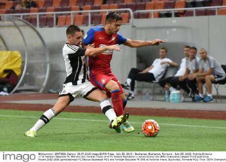 July 29, 2015 - Bucharest, Bucharest, Romania - July 29, 2015: Andrija Zivkovic 17 of Partizan Belgrade FK SRB and Alin Dorinel Tosca 13 of FC Steaua Bucharest in action during the UEFA Champions League Third Qualifying Round 2015-2016 game between FC Steaua Bucharest ROU and Partizan Belgrade FK SRB at National Arena, Bucharest, Romania ROU. Foto: UEFA Champions League: Steaua Bucharest vs Partizan Belgrade  - ZUMAn230