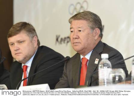 KUALA LUMPUR, MALAYSIA - JULY 30: (CHINA OUT) Almaty 2022 Winter Olympics candidate city vice-chairman Andrey Kryukov (L) and Akhmetzhan Yessimov, Mayor of Almaty city, attend the Almaty Press Briefing of the 128th IOC Session on July 30, 2015 in Kuala Lumpur, Malaysia.  CFP470956694 