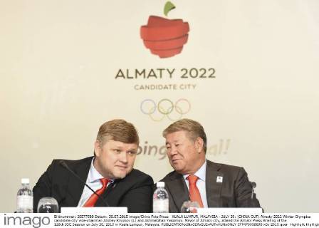 KUALA LUMPUR, MALAYSIA - JULY 30: (CHINA OUT) Almaty 2022 Winter Olympics candidate city vice-chairman Andrey Kryukov (L) and Akhmetzhan Yessimov, Mayor of Almaty city, attend the Almaty Press Briefing of the 128th IOC Session on July 30, 2015 in Kuala Lumpur, Malaysia.  CFP470956695 
