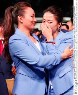 (150731) -- KUALA LUMPUR, July 31, 2015 -- Shen Xue (R) and Li Nina, memebers of Beijing 2022 Olympic Winter games Winterspiele Spiele Summer games bid delegation, react after Beijing won the bid at the 128th International Olympic Committee session in Kuala Lumpur, Malaysia, Friday, July 31, 2015. ) (SP)MALAYSIA-KUALA LUMPUR-IOC-2022 WINTER OLYMPICS-BEIJING WangxLili 