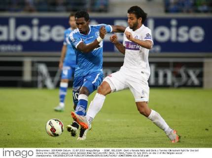 - GENT, BELGIUM: Gent s Renato Neto and Genk s Tornike Okriashvili fight for the ball during the Jupiler Pro League match between KAA Gent and KRC Genk, in Gent, Friday 31 July 2015, on day 2 of the Belgian soccer championship. VIRGINIExLEFOUR x04673884x