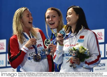 OTTESEN Jeanette DEN Silver Medal, SJOSTROM Sarah SWE Gold Medal, World Record, LU Ying CHN Bronze Medal Women s 100m Butterfly Day11 03 08 2015 Kazan Arena Swimming Nuoto XVI FINA World Championships Aquatics Kazan Tatarstan RUS AndreaxStaccioli