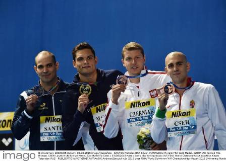 SANTOS Nicholas BRA Silver, MANAUDOU Florent FRA Gold Medal, CZERNIAK Konrad POL Bronze, CSEH Laszlo HUN Bronze Men s 50m Butterfly Day11 03 08 2015 Kazan Arena Swimming Nuoto XVI FINA World Championships Aquatics Kazan Tatarstan RUS AndreaxStaccioli