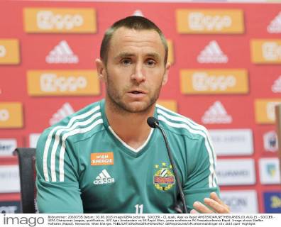 SOCCER - CL quali, Ajax vs Rapid AMSTERDAM,NETHERLANDS,03.AUG.15 - SOCCER - UEFA Champions League, qualification, AFC Ajax Amsterdam vs SK Rapid Wien, press conference PK Pressekonferenz Rapid. Image shows Steffen Hofmann (Rapid). Keywords: Wien Energie. GEPAxpictures xM.xHoermandinger