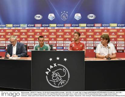 SOCCER - CL quali, Ajax vs Rapid AMSTERDAM,NETHERLANDS,03.AUG.15 - SOCCER - UEFA Champions League, qualification, AFC Ajax Amsterdam vs SK Rapid Wien, press conference PK Pressekonferenz Rapid. Image shows Steffen Hofmann, head coach Zoran Barisic and press officer Peter Klinglmueller (Rapid). Keywords: Wien Energie. GEPAxpictures xM.xHoermandinger
