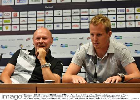 From left coach of Viktoria Plzen Miroslav Koubek and soccer player of Viktoria Plzen David Limbersky speak during the press conference PK Pressekonferenz prior to the third qualifying round of the Champions League return match between Viktoria Plzen and Maccabi Tel Aviv in Pilsen, Czech Republic, on Tuesday, August 4, 2015. (CTKxPhoto PavelxNemecek) CTKPhotoP201508040448901  nmc1