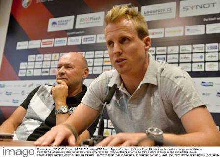 From left coach of Viktoria Plzen Miroslav Koubek and soccer player of Viktoria Plzen David Limbersky speak during the press conference PK Pressekonferenz prior to the third qualifying round of the Champions League return match between Viktoria Plzen and Maccabi Tel Aviv in Pilsen, Czech Republic, on Tuesday, August 4, 2015. (CTKxPhoto PavelxNemecek) CTKPhotoP201508040454601  nmc5