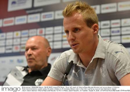 From left coach of Viktoria Plzen Miroslav Koubek and soccer player of Viktoria Plzen David Limbersky speak during the press conference PK Pressekonferenz prior to the third qualifying round of the Champions League return match between Viktoria Plzen and Maccabi Tel Aviv in Pilsen, Czech Republic, on Tuesday, August 4, 2015. (CTKxPhoto PavelxNemecek) CTKPhotoP201508040455001  nmc2