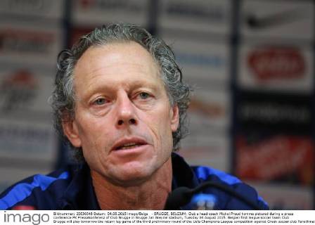 - BRUGGE, BELGIUM: Club s head coach Michel Preud homme pictured during a press conference PK Pressekonferenz of Club Brugge in Brugge Jan Breydel stadium, Tuesday 04 August 2015. Belgian first league soccer team Club Brugge will play tomorrow the return leg game of the third preliminary round of the Uefa Champions League competition against Greek soccer club Panathinaikos Athens. Panathinaikos won 2-1 the first leg. BRUNOxFAHY  x04675653x