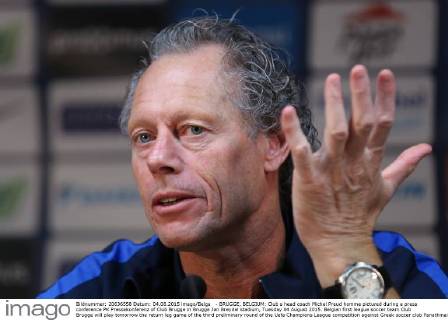 - BRUGGE, BELGIUM: Club s head coach Michel Preud homme pictured during a press conference PK Pressekonferenz of Club Brugge in Brugge Jan Breydel stadium, Tuesday 04 August 2015. Belgian first league soccer team Club Brugge will play tomorrow the return leg game of the third preliminary round of the Uefa Champions League competition against Greek soccer club Panathinaikos Athens. Panathinaikos won 2-1 the first leg. BRUNOxFAHY  x04675648x