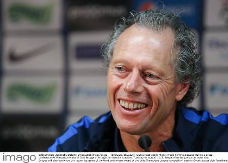 - BRUGGE, BELGIUM: Club s head coach Michel Preud homme pictured during a press conference PK Pressekonferenz of Club Brugge in Brugge Jan Breydel stadium, Tuesday 04 August 2015. Belgian first league soccer team Club Brugge will play tomorrow the return leg game of the third preliminary round of the Uefa Champions League competition against Greek soccer club Panathinaikos Athens. Panathinaikos won 2-1 the first leg. BRUNOxFAHY  x04675650x