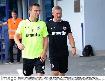 Soccer player David Lafata (left) and coach Zdenek Scasny of Sparta attend the press conference PK Pressekonferenz prior to the third qualifying round of the Champions League return match between Sparta Prague and CSKA Moscow in Prague, Czech Republic, on Tuesday, August 4, 2015. (CTKxPhoto MichalxDolezal) CTKPhotoP201508040643801  dol 003