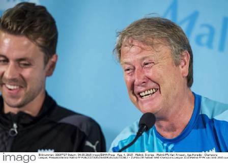 Aug. 4, 2015 - Malmö, Sverige - Malmö FFs Kari Arnason, Age Hareide - Champions League, Pressekonferenz Malmö FF - ZUMAb138