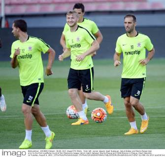 From left: soccer players Josef Husbauer, Jakub Brabec and Marco Paixao train prior to the third qualifying round of the Champions League return match between Sparta Prague and CSKA Moscow in Prague, Czech Republic, on Tuesday, August 4, 2015. (CTKxPhoto MichalxDolezal) CTKPhotoP201508040708601  dol 008