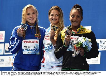 MEILUTYTE Ruta LTU Silver Medal , EFIMOVA Yuliya RUS Gold Medal, ATKINSON Alia JAM Bronze Women s 100 Breaststroke Day12 04 08 2015 Kazan Arena Swimming XVI FINA World Championships Aquatics Kazan Tatarstan AndreaxStaccioli