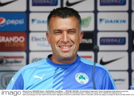 - BRUGGE, BELGIUM: Panathinaikos head coach Yannis Anastasiou pictured during a press conference PK Pressekonferenz of Panathinaikos Athens in Brugge Jan Breydel stadium, Tuesday 04 August 2015. Belgian first league soccer team Club Brugge will play tomorrow the return leg game of the third preliminary round of the Uefa Champions League competition against Greek soccer club Panathinaikos Athens. Panathinaikos won 2-1 the first leg. BRUNOxFAHY  x04675715x