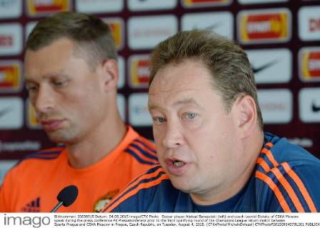 Soccer player Aleksei Berezutski (left) and coach Leonid Slutsky of CSKA Moscow speak during the press conference PK Pressekonferenz prior to the third qualifying round of the Champions League return match between Sparta Prague and CSKA Moscow in Prague, Czech Republic, on Tuesday, August 4, 2015. (CTKxPhoto MichalxDolezal) CTKPhotoP201508040731201  dol 013