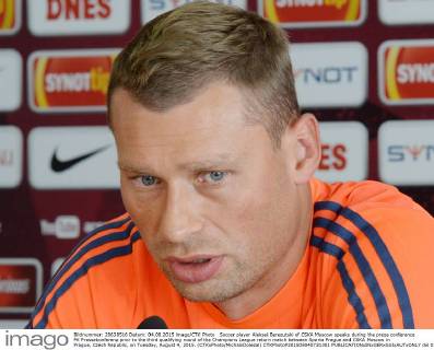 Soccer player Aleksei Berezutski of CSKA Moscow speaks during the press conference PK Pressekonferenz prior to the third qualifying round of the Champions League return match between Sparta Prague and CSKA Moscow in Prague, Czech Republic, on Tuesday, August 4, 2015. (CTKxPhoto MichalxDolezal) CTKPhotoP201508040731301  dol 014