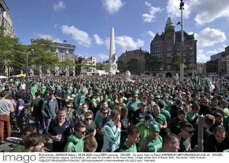 SOCCER - CL quali, Ajax vs Rapid AMSTERDAM,NETHERLANDS,04.AUG.15 - SOCCER - UEFA Champions League, qualification, AFC Ajax Amsterdam vs SK Rapid Wien. Image shows fans of Rapid Wien. Keywords: Wien Energie. GEPAxpictures xM.xHoermandinger