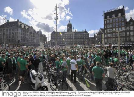 SOCCER - CL quali, Ajax vs Rapid AMSTERDAM,NETHERLANDS,04.AUG.15 - SOCCER - UEFA Champions League, qualification, AFC Ajax Amsterdam vs SK Rapid Wien. Image shows fans of Rapid Wien. Keywords: Wien Energie. GEPAxpictures xM.xHoermandinger