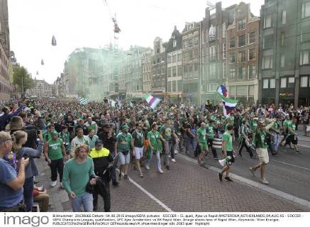 SOCCER - CL quali, Ajax vs Rapid AMSTERDAM,NETHERLANDS,04.AUG.15 - SOCCER - UEFA Champions League, qualification, AFC Ajax Amsterdam vs SK Rapid Wien. Image shows fans of Rapid Wien. Keywords: Wien Energie. GEPAxpictures xM.xHoermandinger
