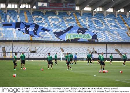 - BRUGGE, BELGIUM: Panathinaikos players pictured during a training session of Panathinaikos Athens in Brugge Jan Breydel stadium, Tuesday 04 August 2015. Belgian first league soccer team Club Brugge will play tomorrow the return leg game of the third preliminary round of the Uefa Champions League competition against Greek soccer club Panathinaikos Athens. Panathinaikos won 2-1 the first leg. BRUNOxFAHY  x04675745x