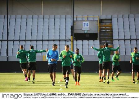 - BRUGGE, BELGIUM: Panathinaikos players pictured during a training session of Panathinaikos Athens in Brugge Jan Breydel stadium, Tuesday 04 August 2015. Belgian first league soccer team Club Brugge will play tomorrow the return leg game of the third preliminary round of the Uefa Champions League competition against Greek soccer club Panathinaikos Athens. Panathinaikos won 2-1 the first leg. BRUNOxFAHY  x04675736x