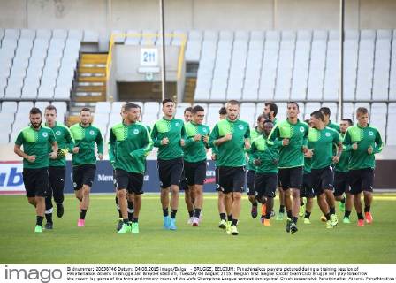 - BRUGGE, BELGIUM: Panathinaikos players pictured during a training session of Panathinaikos Athens in Brugge Jan Breydel stadium, Tuesday 04 August 2015. Belgian first league soccer team Club Brugge will play tomorrow the return leg game of the third preliminary round of the Uefa Champions League competition against Greek soccer club Panathinaikos Athens. Panathinaikos won 2-1 the first leg. BRUNOxFAHY  x04675738x