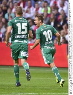 SOCCER - CL quali, Ajax vs Rapid AMSTERDAM,NETHERLANDS,04.AUG.15 - SOCCER - UEFA Champions League, qualification, AFC Ajax Amsterdam vs SK Rapid Wien. Image shows the rejoicing of Louis Schaub (Rapid). Keywords: Wien Energie. GEPAxpictures xM.xHoermandinger