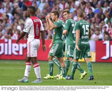 SOCCER - CL quali, Ajax vs Rapid AMSTERDAM,NETHERLANDS,04.AUG.15 - SOCCER - UEFA Champions League, qualification, AFC Ajax Amsterdam vs SK Rapid Wien. Image shows the rejoicing of Rapid Wien. Keywords: Wien Energie. GEPAxpictures xM.xHoermandinger