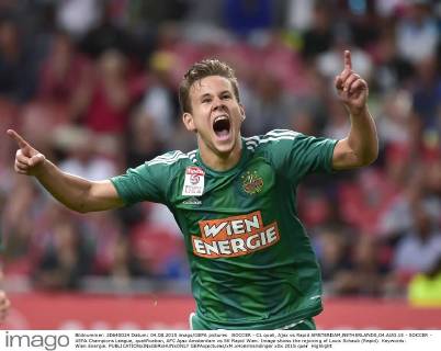 SOCCER - CL quali, Ajax vs Rapid AMSTERDAM,NETHERLANDS,04.AUG.15 - SOCCER - UEFA Champions League, qualification, AFC Ajax Amsterdam vs SK Rapid Wien. Image shows the rejoicing of Louis Schaub (Rapid). Keywords: Wien Energie. GEPAxpictures xM.xHoermandinger