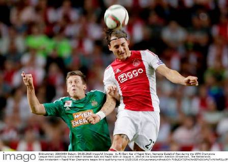 (L-R) Deni Alar of Rapid Wien, Nemanja Gudelj of Ajax during the UEFA Champions League third qualifying round match between Ajax and Rapid Wien on August 4, 2015 at the Amsterdam Arena in Amsterdam, The Netherlands. Ajax Amsterdam v Rapid Wien Champions league third qualifying round 2015 2016 xVIxLaurensxLindhoutxIVx 4161176