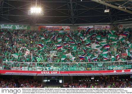 fans of Rapid Wien supporters during the UEFA Champions League third qualifying round match between Ajax and Rapid Wien on August 4, 2015 at the Amsterdam Arena in Amsterdam, The Netherlands. Ajax Amsterdam v Rapid Wien Champions league third qualifying round 2015 2016 xVIxxIVx 4161472
