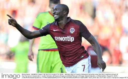 Kehinde Fatai of Sparta celebrates the goal during the third qualifying round of the Champions League return match between AC Sparta Prague and CSKA Moscow in Prague, Czech Republic, on Wednesday, August 5, 2015. (CTKxPhoto KaterinaxSulova) CTKPhotoP201508050765701  SUK_6633