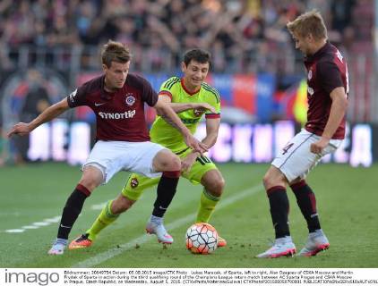Lukas Marecek, of Sparta, left to right, Alan Dzagoev of CSKA Moscow and Martin Frydek of Sparta in action during the third qualifying round of the Champions League return match between AC Sparta Prague and CSKA Moscow in Prague, Czech Republic, on Wednesday, August 5, 2015. (CTKxPhoto KaterinaxSulova) CTKPhotoP201508050790001  Alan Dzagojev
